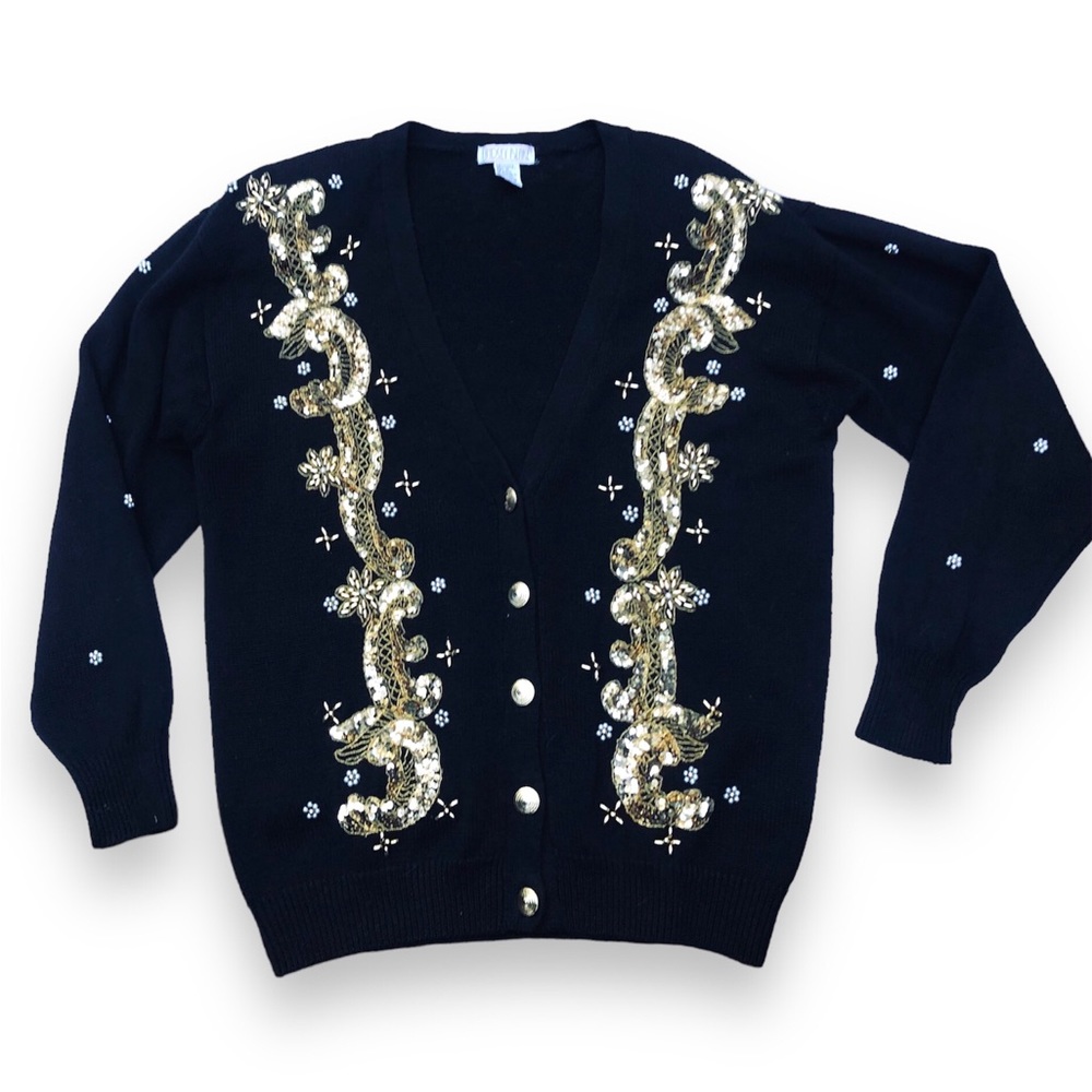Vintage Lindsey Blake Black Gold Embellished Sequin Beaded Cardigan Sweater